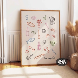 Bon Appetit Hand Drawn Print, French Food Sketch Art, Preppy Kitchen Wall Art, Dinner Party Poster, Kitchen Sayings, Dining Room Decor