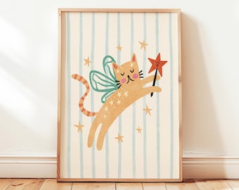 Cat Fairy Stars Printable, Colorful Kids Playroom Poster, Toddler Wall Decor