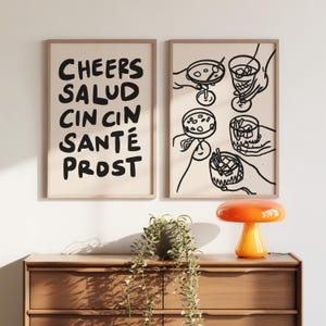 Cheers Printable Set of 2, Neutral Retro Bar Cart Poster, Minimalist Happy Hour Wall Decor