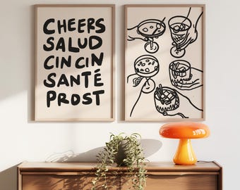 Cheers Printable Set of 2, Neutral Retro Bar Cart Poster, Minimalist Happy Hour Wall Decor