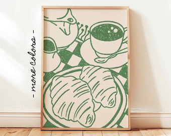 Coffee Cafe Print, Retro Cafe French Croissant Poster, Vintage Kitchen Wall Decor, UNFRAMED