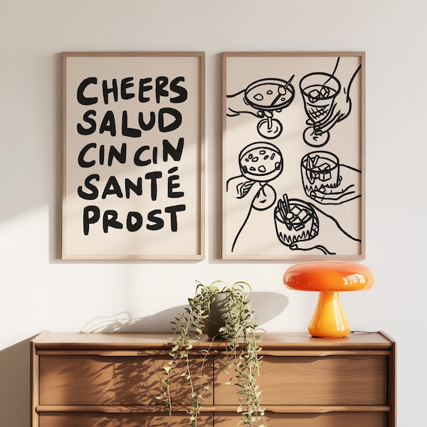 Cheers Print Set of 2, Retro Neutral Bar Cart Print, Cocktail Happy Hour Wall Decor, UNFRAMED