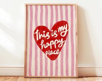 This Is My Happy Place Printable, Red Pink Heart Stripes Poster, Preppy Coquette Decor