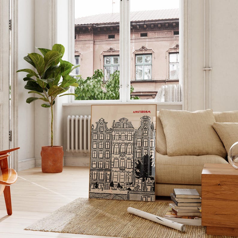 Amsterdam City Print, Netherlands Holland Poster, Retro Europe Travel Minimalist Decor, UNFRAMED image 2