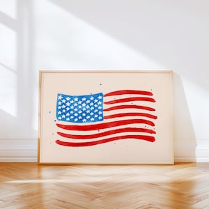 アメリカ国旗プリント、沿岸カウガール水彩画USAポスター、ボヘミアン風横長ウォールアート、アメリカーナ風装飾