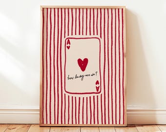 Print met de tekst "Hoe gelukkig zijn we?", poster met de tekst "Aas van harten", minimalistische wanddecoratie voor een stel ter gelegenheid van hun jubileum, ONGEKADERD