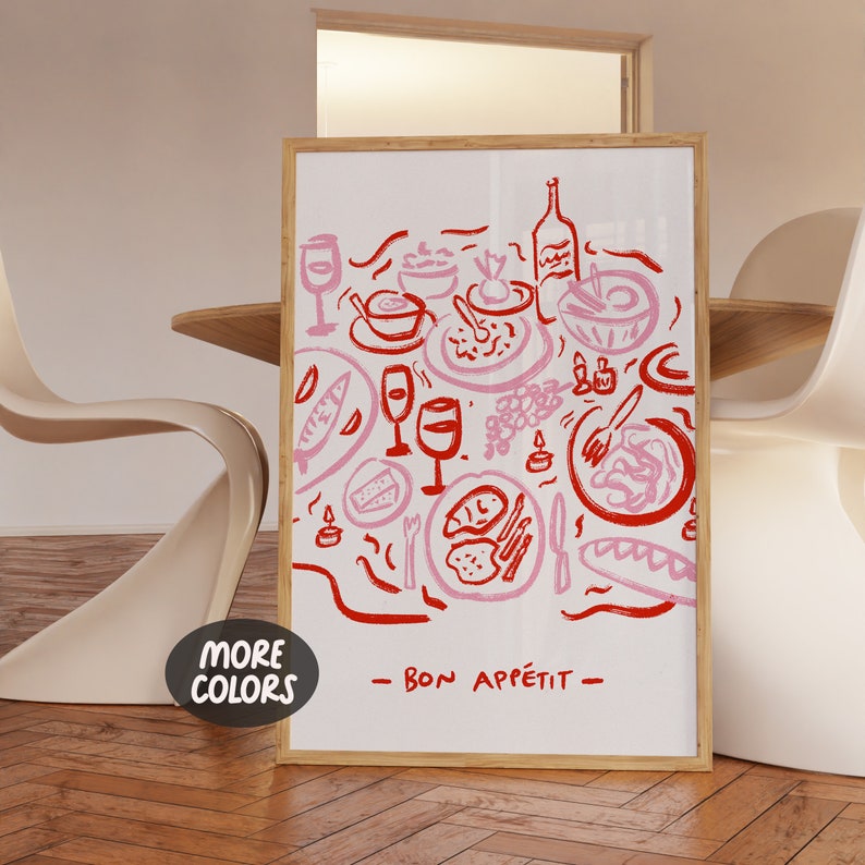 Bon Appetit Wall Art Print, Food Table Poster, French Kitchen Sketch ...