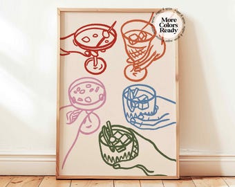 Cheers Glasses Print, Colorful Cocktail Poster, Funky Bar Cart Happy Hour Wall Decor, UNFRAMED
