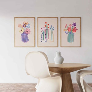 Ensemble de 3 vases à fleurs imprimés, bouquet de fleurs pastel, affiche d'art abstrait de la galerie bohème, marché aux fleurs, décoration murale coquette