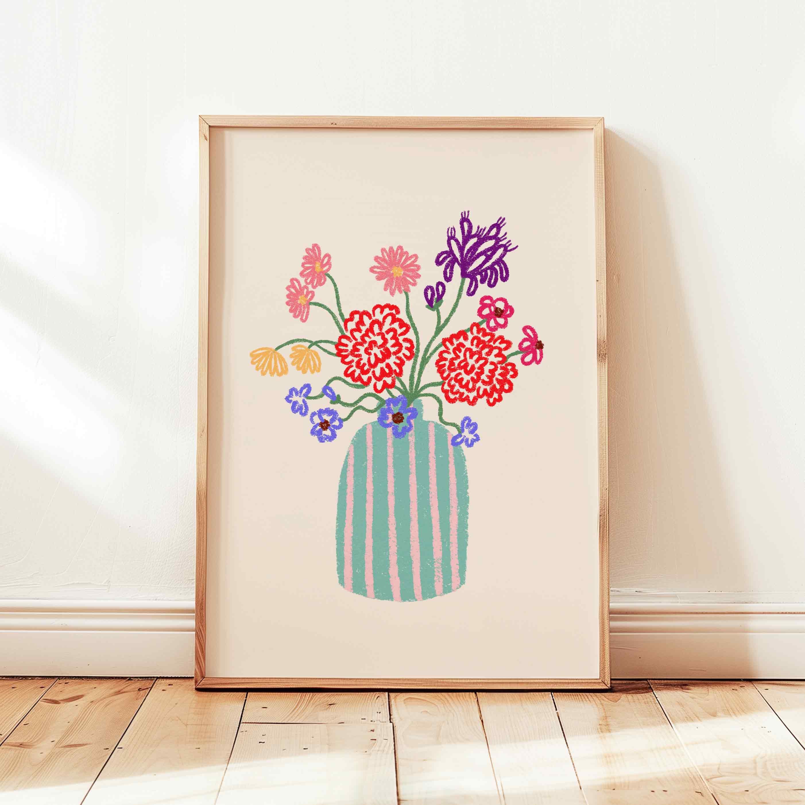 Flower Vase Print, Retro Abstract Floral Poster, Danish Pastel Wall Art, Cute Flowers Art Decor