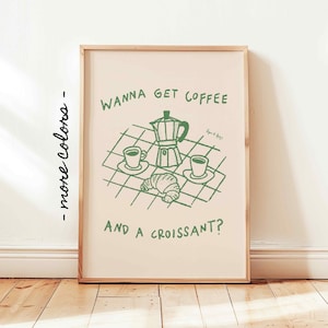 Kaffee Croissant Printable, Retro Kaffee Frühstück Plakat, Weinlese-Küchen-Wand-Dekor
