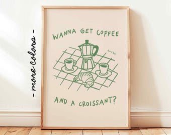 Może przedstawiać: Zielono-biała ilustracja dzbanka do kawy, dwóch filiżanek kawy i rogalika na szachownicy. Tekst "Wanna get coffee and a croissant?" jest napisany na zielono pod ilustracją.