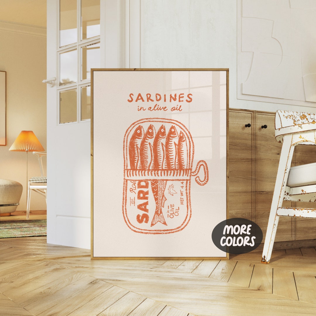 Sardines Tin Print, Retro Hand Drawn Sardine Poster, Sardine Fish Art