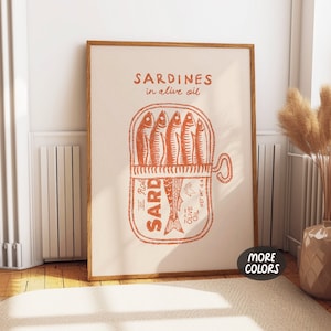 Sardine Tin Art Print, Vintage Hand Drawn Sardines Poster, Retro Food Can Art, Kitchen Wall Decor