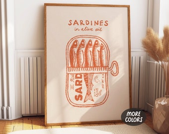 Stampa artistica di latta di sardine, poster vintage di sardine disegnate a mano, arte retrò di lattine per cibo, decorazione della parete della cucina