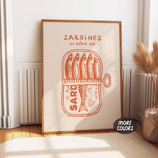 Sardines Tin Print, Retro Hand Drawn Sardine Poster, Sardine Fish Art, Fish Wall Art, Seafood Print, Vintage Kitchen Poster, Mcm Wallart