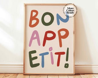 Bon Appetit-print, kleurrijke Franse keukenposter, minimalistische wanddecoratie eetkamer, INGELIJSTE