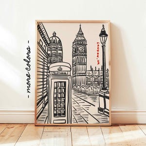 Impresión de la ciudad de Londres, póster de Londres, Reino Unido, dibujado a mano, estilo retro moderno con sangrado de tinta, póster de Inglaterra, impresión de viaje a Europa, arte de pared minimalista