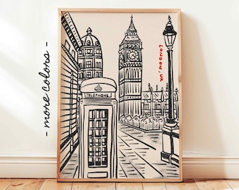 London City Print, Hand Drawn London UK Poster, Retro Trendy Ink Bleed Style, England Poster, Europe Travel Print, Minimalist Wall Art