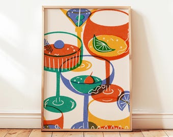 Cheers Drinks Retro Printable, Colorful Bar Cart Poster, Funky Happy Hour Wall Decor