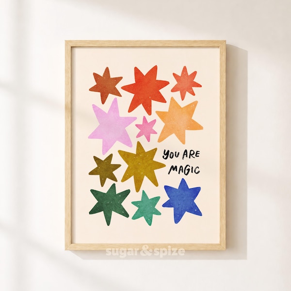 You Are Magic Print, Colorful Stars Kids Playroom Poster, Nursery Wall Decor, UNFRAMED