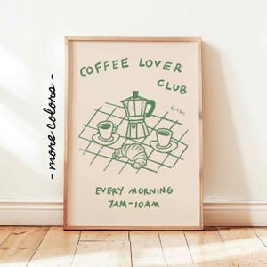Impresión del Club de Amantes del Café, Póster Retro para Amantes del Café, Arte Mural con Bocetos de Croissant, Decoración Minimalista de Cocina Verde Salvia