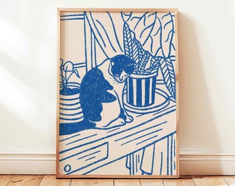 Retro Cat Line Printable, Blue Vintage Still Life Poster, Matisse Wall Art Decor