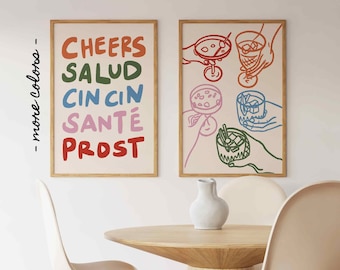 Cheers Print Set of 2, Retro Wine Poster, Colorful Cin Cin Salud Print, Funky Bar Cart Art, Vintage Cocktail Sketch Art