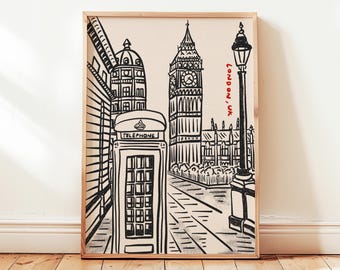 London City Printable, Retro Big Ben UK Poster, Minimalist Travel Wall Art Decor