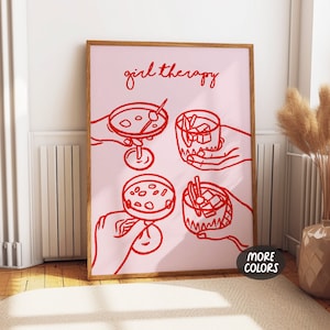 Girl Therapy Pink Print, Retro Girls Night Drinks Poster, Vintage Cocktail Sketch Wall Art, Funky Bar Cart Decor
