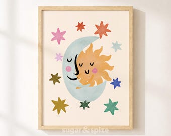 Sun And Moon Print, Colorful Kids Playroom Poster, Toddler Wall Decor, UNFRAMED
