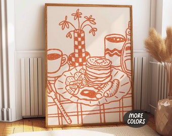 Pancake Breakfast Print, Dopamine Wall Art Poster, Breakfast Bar Prints, Retro 70s Kitchen Hand Drawn Wall Decor