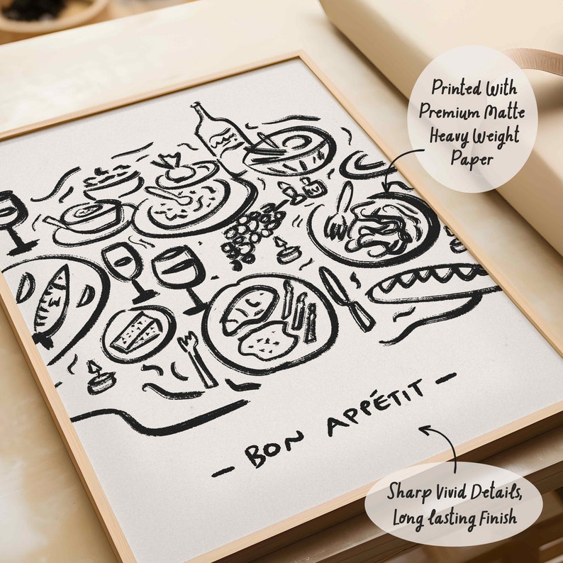 Bon Appetit Wall Art Print, Food Table Poster, French Kitchen Sketch ...