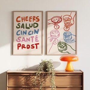 Cheers Print Set of 2, Colorful Bar Cart Posters, Kitchen Happy Hour Wall Decor, UNFRAMED