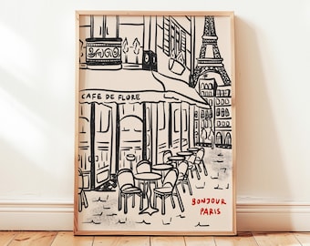 Paris City Print, Retro Cafe Eiffel Tower Poster, French Europe Travel Wall Decor, UNFRAMED