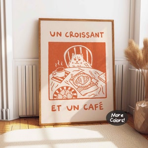 French Cafe Cat Print, Croissant Cafe Poster, Cute Cats Art, Retro Kitchen Wall Art, Coffee Lover Gift, Funky Hand Drawn Dining Decor