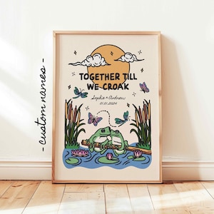 Stampa personalizzata per coppia sposata, poster retrò personalizzato con rana, regalo di San Valentino per anniversario di fidanzamento, decorazione Cottagecore Dopamine