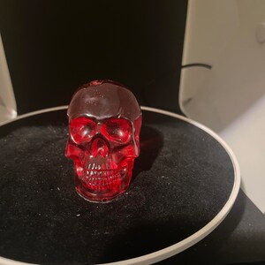 May include: A red glass skull figurine. The skull is detailed with eye sockets, a nose, and teeth.
