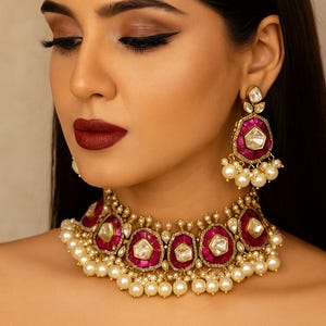 Sabyasachi Inspired Polki Kundan Heritage Emerald Green Ruby Pink Kundan Bridal Jewelry Pearl Necklace/Multicolor Collar Set Bridal Necklace