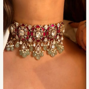 Premium Sabyasachi Jewellery Inspired Ruby Rani Pink Uncut Moissanite Polki Kundan Choker Necklace With  Statement Earrings Indian Pakistani
