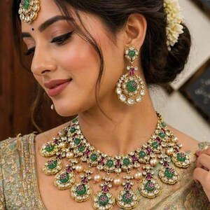 Collana Polki con rubini e verde menta, collana Kundan, gioielli Sabyasachi, moissanite, polki e diamanti, gioielli da sposa di alta qualità, set di collana doppietta