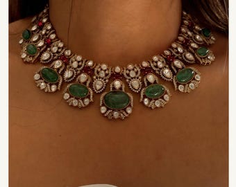 Polki Necklace Ruby Mint Green Kundan Necklace Sabyasachi Jewelry Moissanite Polki Diamond Fine Quality Bridal Jewelry Doublet Necklace Set