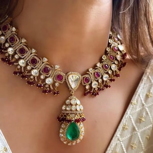 Sabyasachi Inspired, Real Polki Kundan, Golden Jewelry, Emerald Green, Gold Plated Zirconium Diamond, Ruby Kundan Bridal Jewelry Necklace
