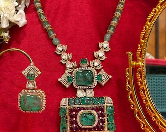 Gold Plated Kundan Necklace Set: Bollywood Polki, Emerald & Ruby