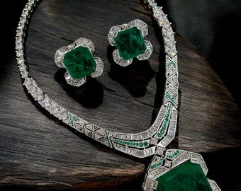 Premium Emerald Diamond Necklace Green India Jewelry Statement Long Green Emerald Necklace Pendant Amrapali Inspired Emerald Cz Wedding Gift
