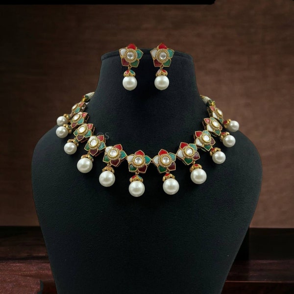 Polki Kundan Necklace Choker , Temple Necklace, Real Kundan Multicolor Necklace,South Indian Jewelry,Temple Necklace, Kundan Pearl Necklace