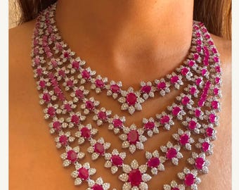 Cz Diamond Rani Pink Four Layered White Necklace/ Cz Choker Necklace Set/Bridal Diamond Necklace/Designer Diamond Jewelry/Statement Necklace