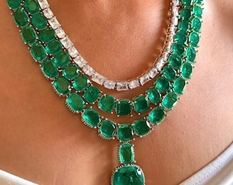 Collar Kundan de capas con esmeraldas y Polki, inspirado en Sabyasachi, collar indio verde doblete de alta calidad, conjunto de collar de diamantes y moissanita Polki.