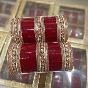 Bridal Chura Punjabi Traditional Set, Wedding Chooda Set, Indian Bridal Bangles, Sikh Chura, Women&#39;s Bridal dark maroon Chura Copper bangle