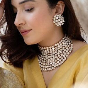 Pre Order Gold Diamond Replica Original Grand Polki Necklace with Earrings,Sabyasachi Moissanite polki kundan Choker, Bollywood Gold Jewelry